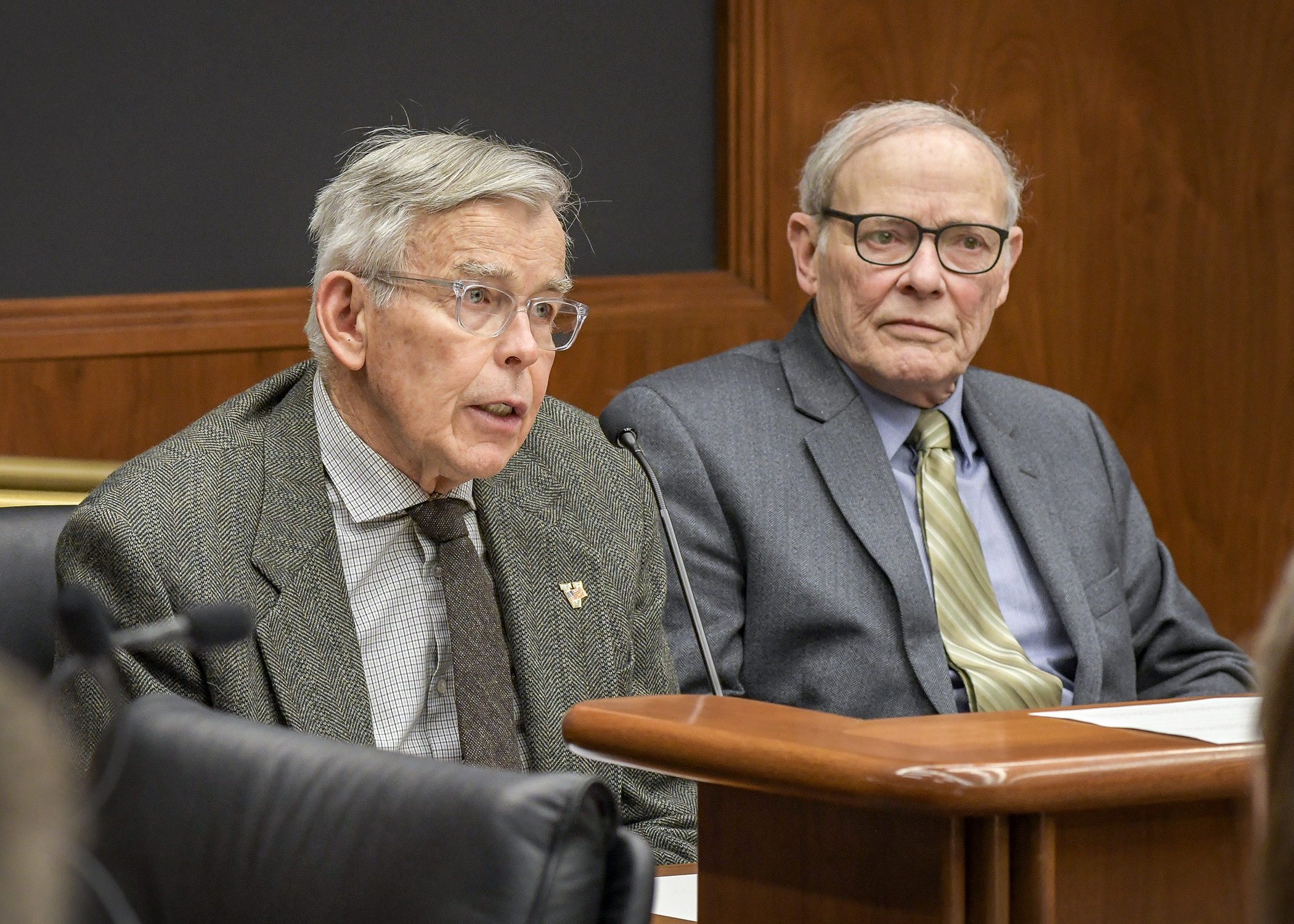 John Kraemer, left, chair of the Minnesota Medal of Honor Memorial, and Lee Egerstrom, co-coordinator of the Minnesota chapter of State Funeral for World War II Veterans, testify before a House committee Feb. 14. Photo by Andrew VonBank